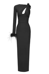 One Sleeve Feather Trim Maxi Dress